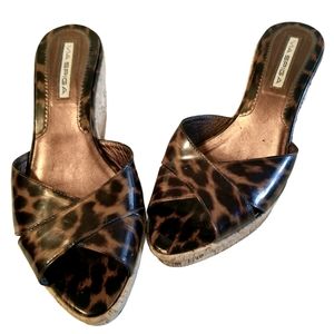 Via Spiga Leather  Leopard Print Wedge Sandals 8M